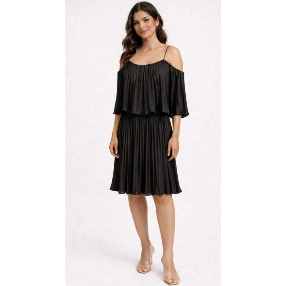 ABS Collection Black Pleated Cold Shoulder Tiered Cocktail Dress Size 8 LBD